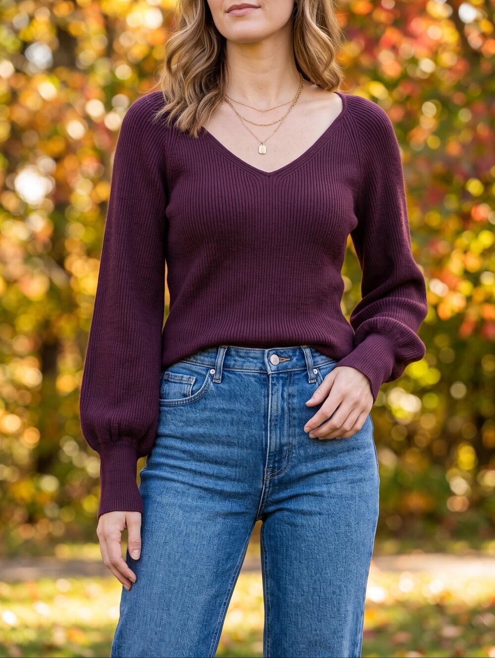 GAP Bordeaux Ribbed V-Neck Sweater Balloon Sleeve Merlot Whimsigoth Dark Romance
